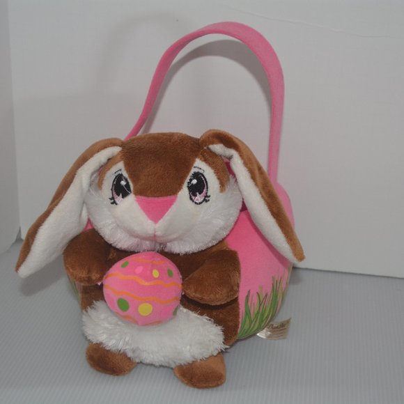 Dan Dee Plush Easter Bunny Rabbit Basket Egg Candy Floral Pink Pail Bucket Bag - Picture 1 of 10
